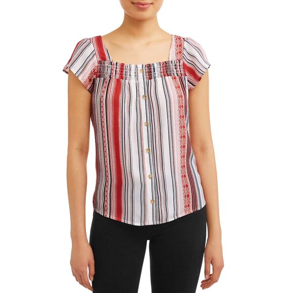 NWT NOBO BROWN/RUST/WHITE STRIPE FLUTTER SLEEVE SQUARE NECK SMOCK TOP XL (15-17) - Picture 1 of 12